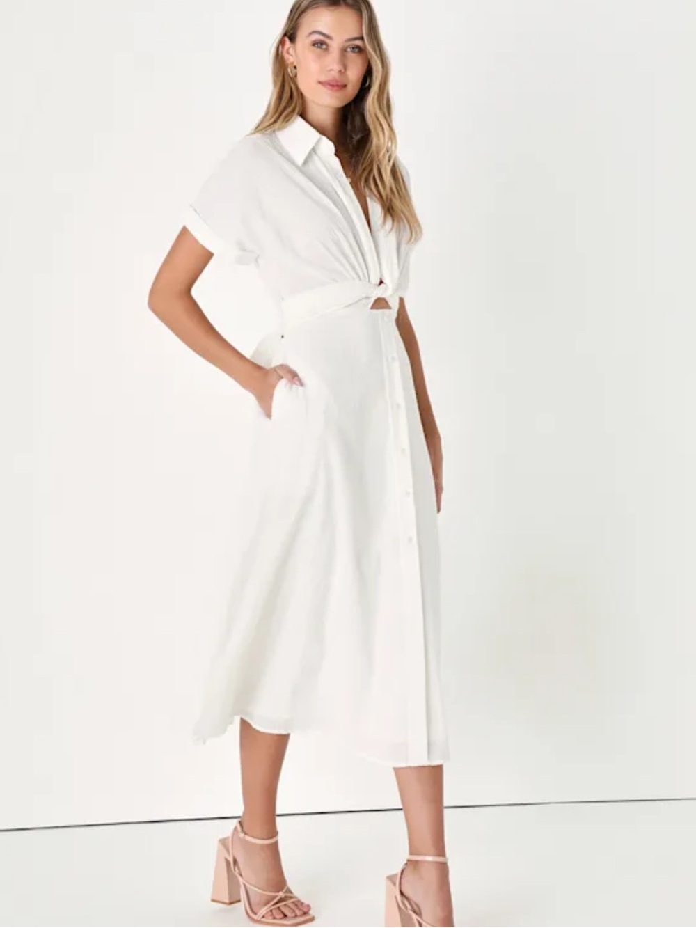 Lulus Palermo Perfection white collared midi dress with pockets